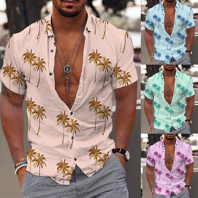 Cross-Border Men's short-sleeved shirt summer beach shirt men's Hawaiian style short-sleeved shirt printed trendy cardigan