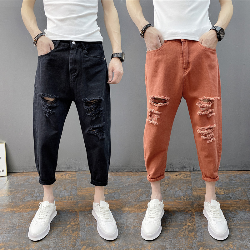 Trendy Brand Ripped Skinny Jeans Men's Summer Korean Style Trendy Spiritual Cropped Pants Harlan Casual Long Pants