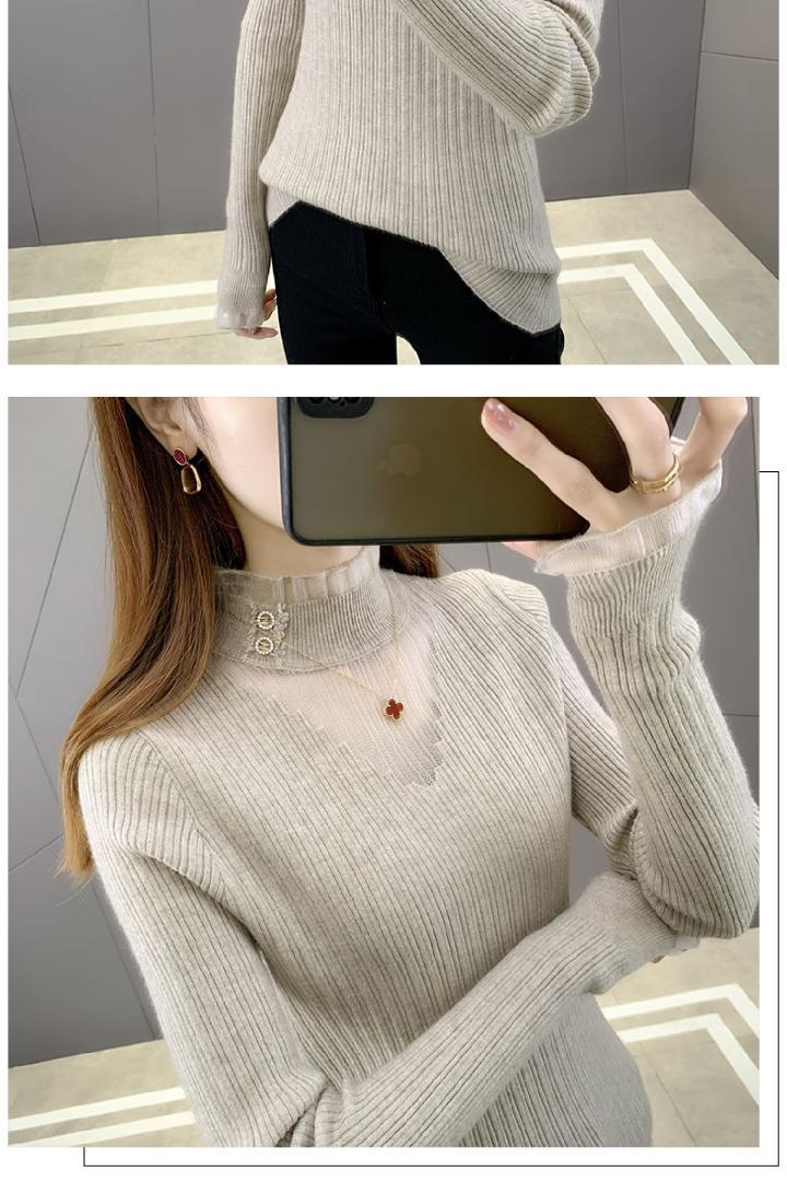 半高领套头毛衣女秋冬新款软糯修身针织衫内搭优雅蕾丝镂空打底衫
