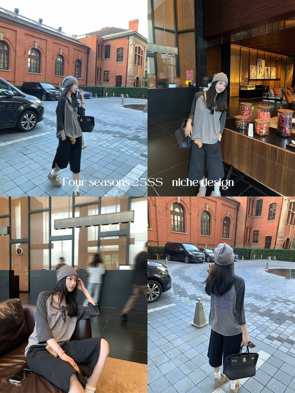 区区欧阳 撞色印花长袖T恤女秋季新款宽松显瘦美式复古圆领上衣|undefined