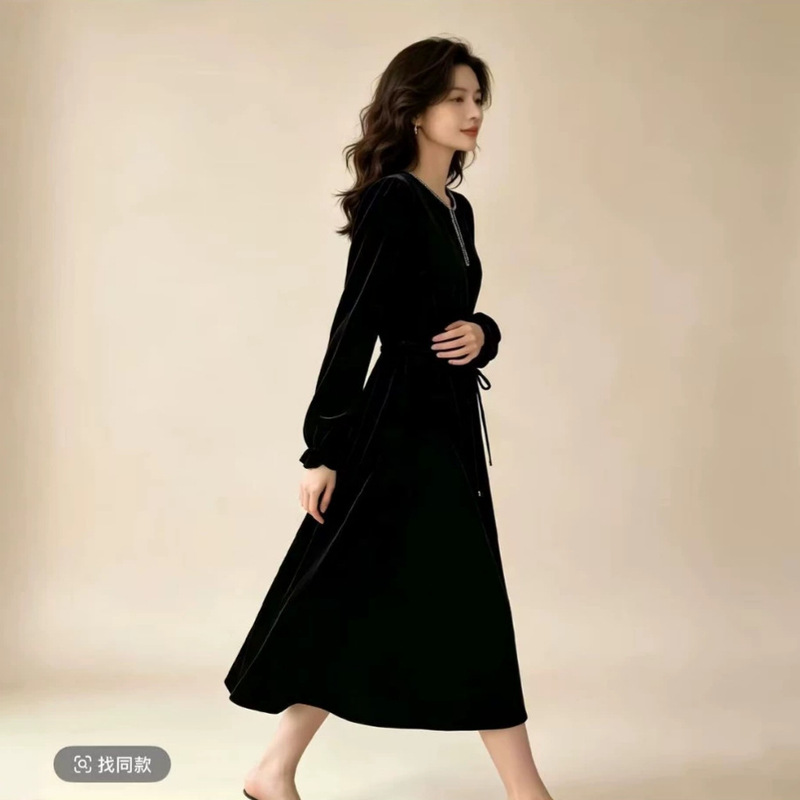100% mulberry silk slimming dress, long-sleeved, velvet, mid-length skirt, JS62 100% mulberry silk slimming dress, long-sleeved, velvet, mid-length skirt, JS62