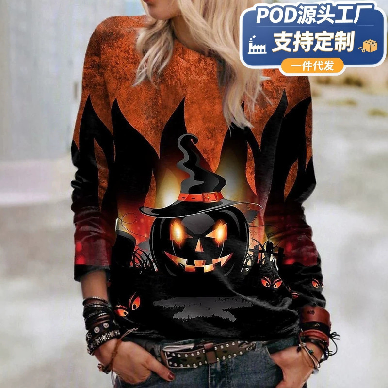 Halloween Women's Long Sleeve T-Shirt with Pumpkin and Skull Pattern, Vintage Fashion Round Neck Regular Fit Top for Everyday and Weekend Wear Halloween Women's Long Sleeve T-Shirt with Pumpkin and Skull Pattern, Vintage Fashion Round Neck Regular Fit Top for Everyday and Weekend Wear
