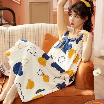 梦雨念夏季吊带女式睡裙可外穿针织棉质可爱女士无袖中裙家居服|ru