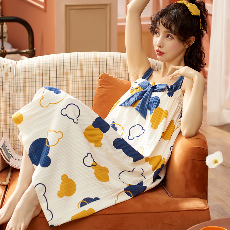 梦雨念夏季吊带女式睡裙可外穿针织棉质可爱女士无袖中裙家居服|ru