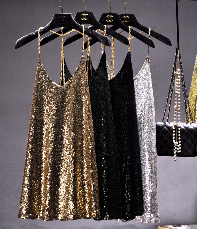 European and American Personality Metal Chain Hanging Neck Sexy Sequins dress Backless Mid-length Base Dress Nightclub Dress for Women