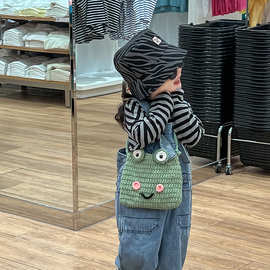 针织儿童包包卡通可爱青蛙斜挎包手工编织亲子男女孩装饰出行背包
