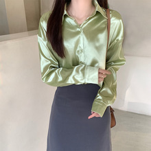 跨境25新款女士宽松长袖缎面衬衫小众百搭复古港风设计垂感衬衣女