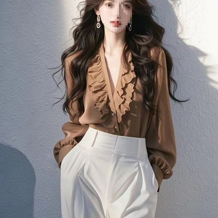 New Solid Color Collar Long-Sleeved Ruffle Shirt for Women, Fashionable Temperament Shirt, Simple and Versatile Top