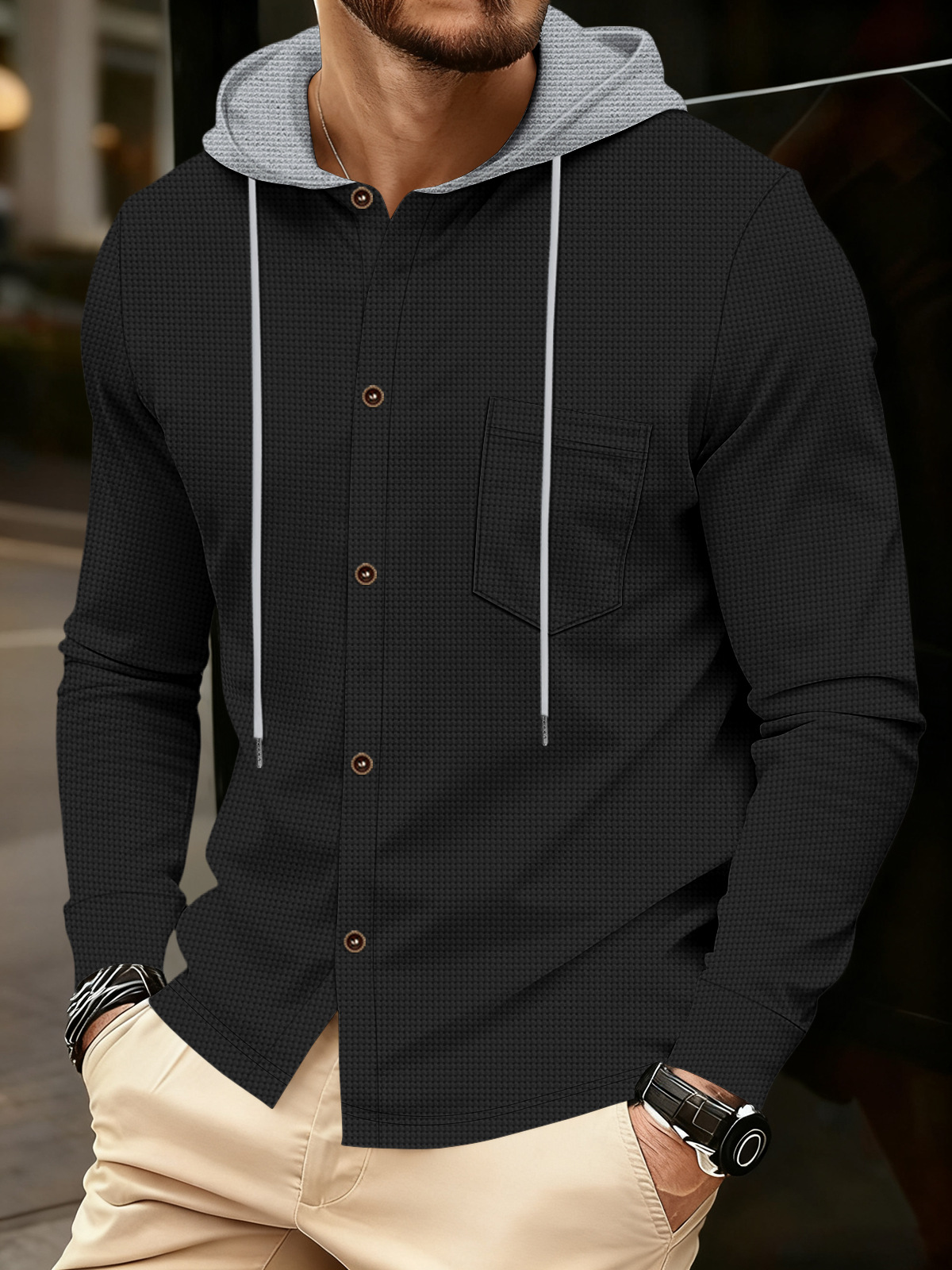 Heren wafelgebreide hoodie met zakken en knopen voor casual look_voghion.com