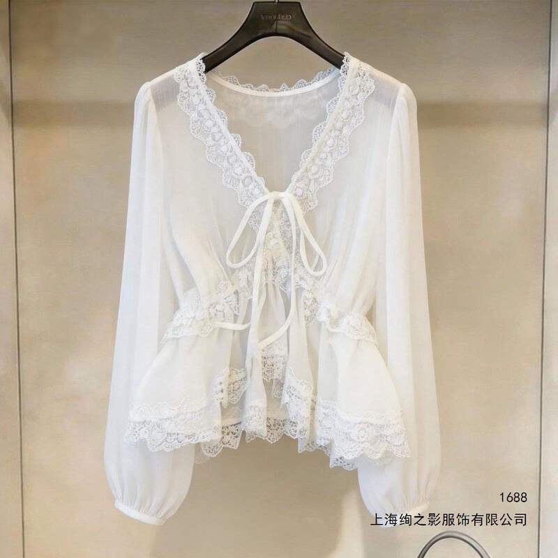 White Lace Trim V-Neck Chiffon Shirt for Women, Summer Thin Style, 2026 New Model, White Sun-Protective Outerwear Top White Lace Trim V-Neck Chiffon Shirt for Women, Summer Thin Style, 2026 New Model, White Sun-Protective Outerwear Top