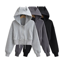 秋季小恶魔精灵慵懒风连帽卫衣女高腰设计短款宽松休闲拉链开衫