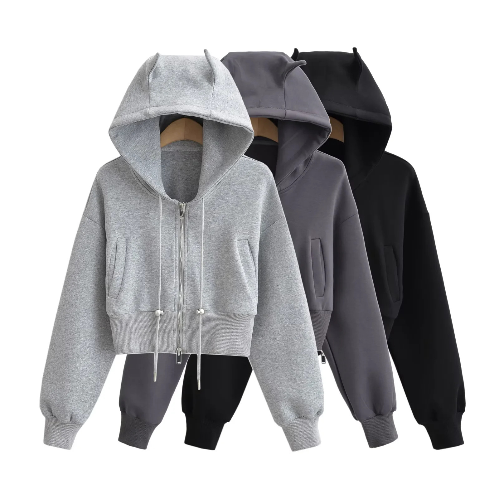 秋季小恶魔精灵慵懒风连帽卫衣女高腰设计短款宽松休闲拉链开衫