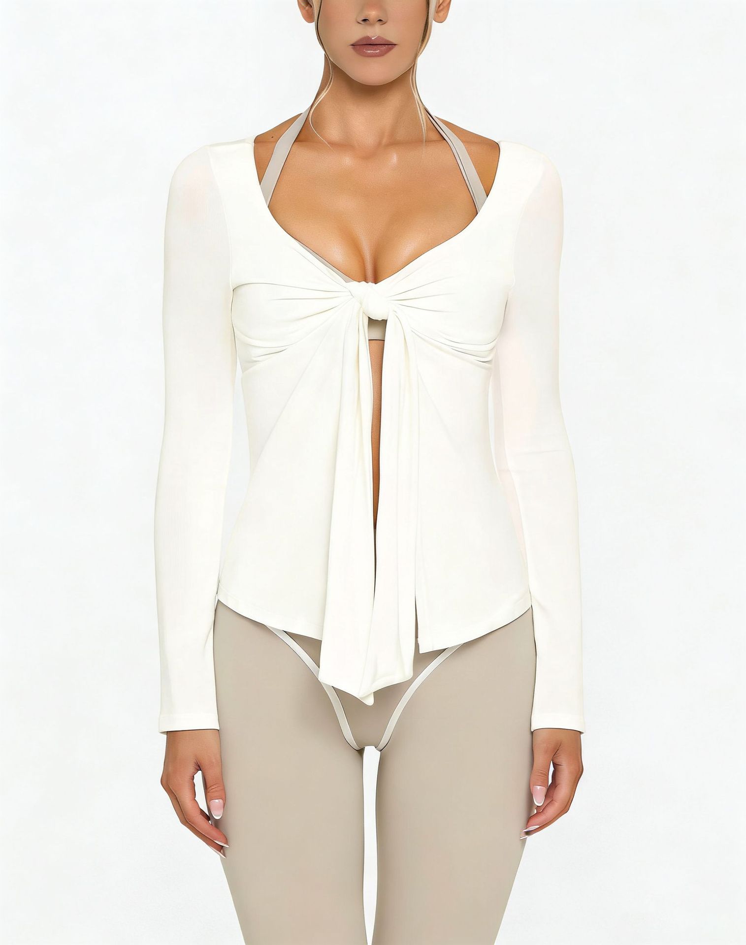 2026 chaqueta de yoga alta elástica pro-piel V corbata de manga larga deportes de comercio exterior fuera de la calle doble ajuste Pilates fitness