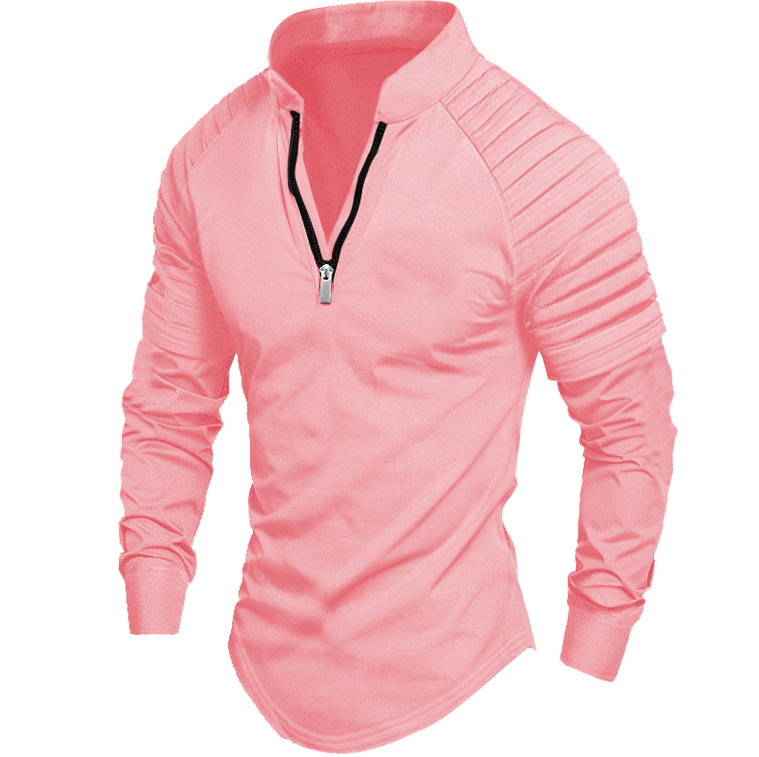 Men's Long Sleeve Polo Shirt With Arm Pleats And Zipper Casual_voghion.com