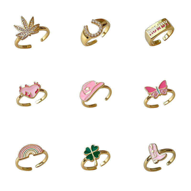 Fashion Leaf Heart Shape Copper Enamel Inlay Zircon Open Ring 1 Piece