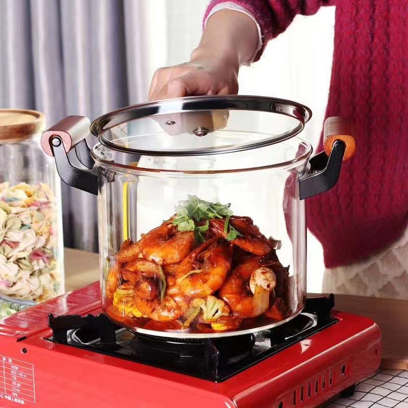 Olla de vidrio de doble oreja de gran capacidad con tapa al por mayor sopa de fideos instantáneos para el hogar olla de leche olla de cocina de vidrio de borosilicato