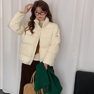 小个子粉色立领面包服羽绒服短款女冬季2025新款90白鸭绒保暖外套