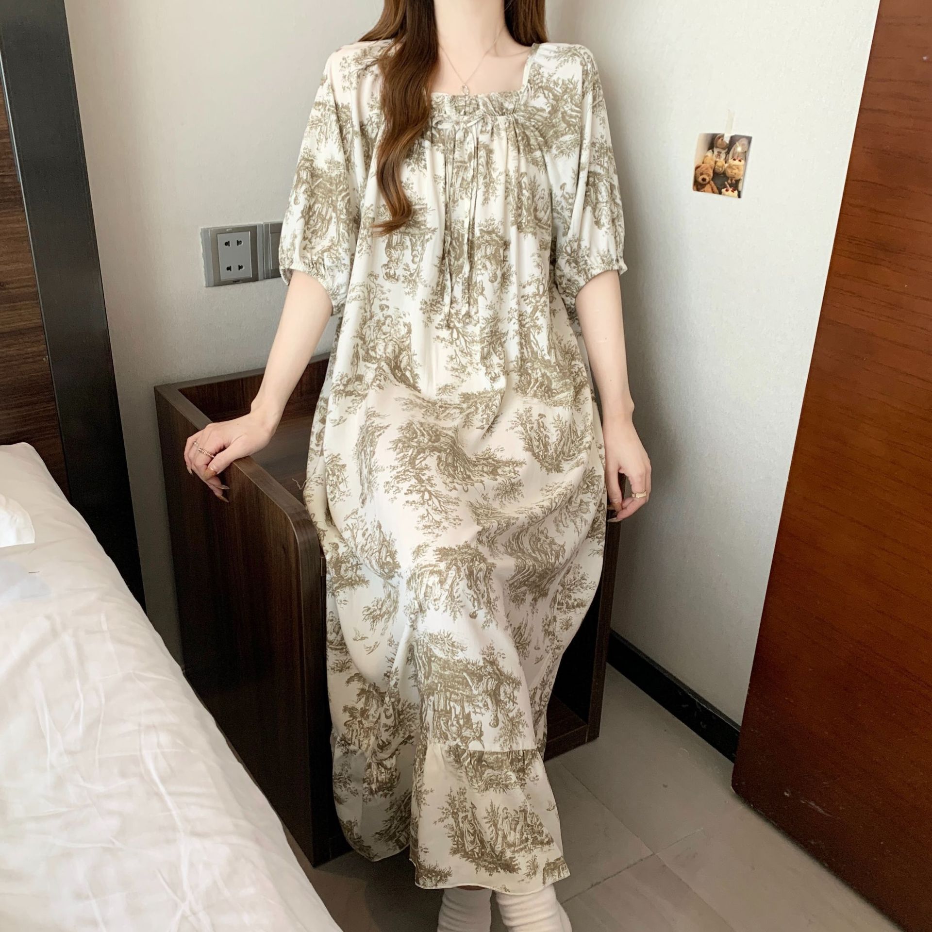 Yaoting pijamas de verano mujeres primavera y otoño encantador impresión suelta vestido larga larga larga ropa de hogar de mangas cortas HDF5291