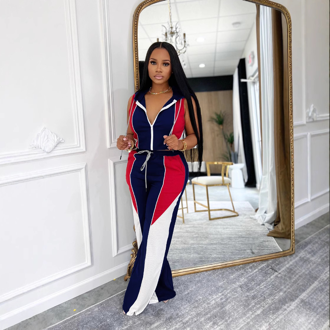 4735 跨境女装 涤纶+网洞球衣布拼接连帽抽绳无袖长裤套装 两件套