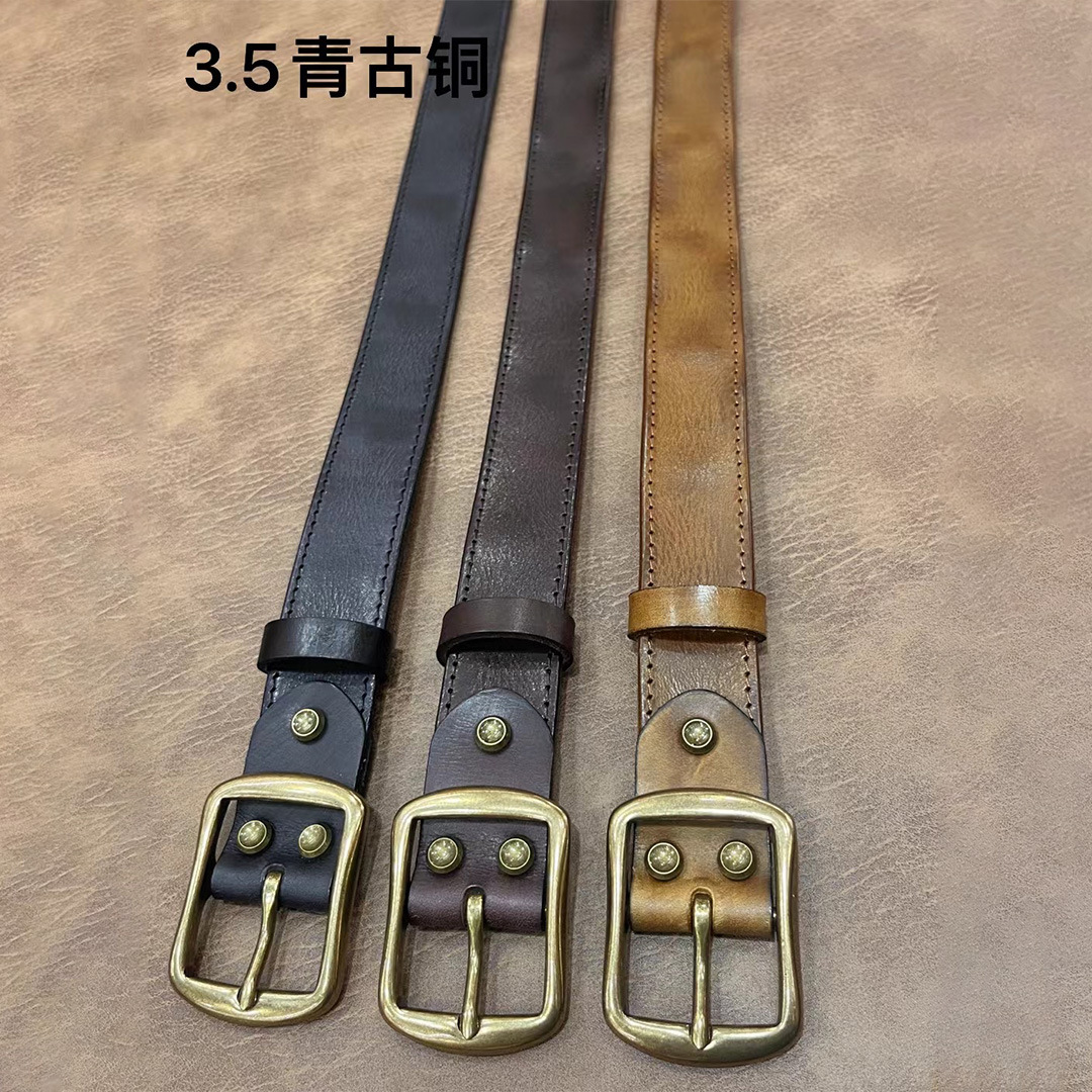 J男士腰带3.5青古铜日字扣复古休闲做旧车线手工头层牛皮皮带批发