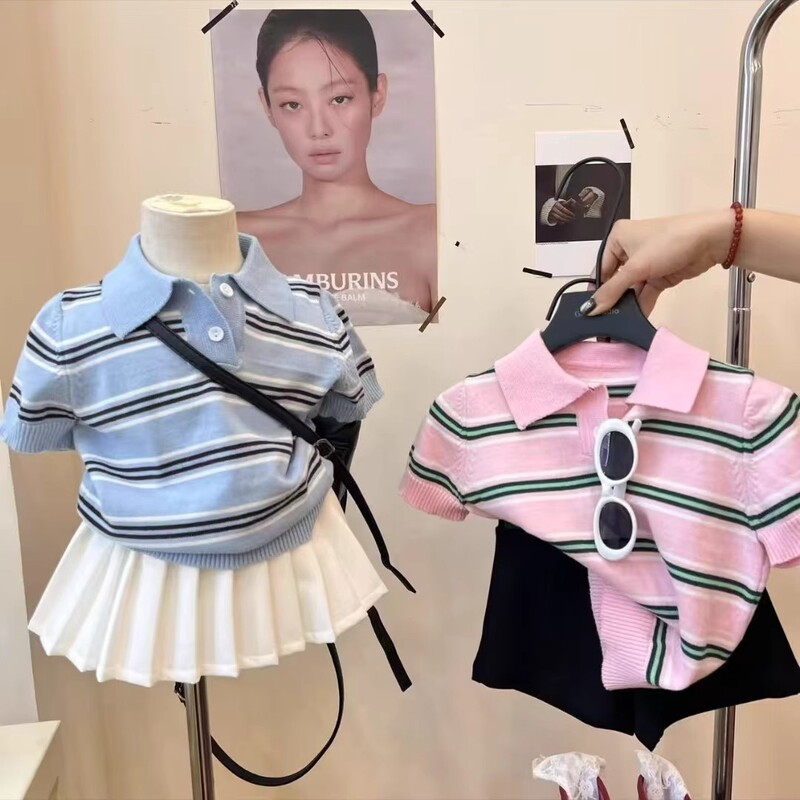 South Korea Girls Summer Short-sleeved Knitted Shirt 2025 Women's Baoyang Air College Style Striped Polo Neck Short-sleeved T-shirt