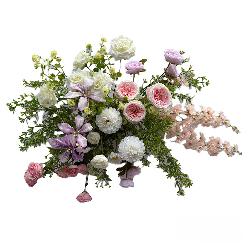 模擬花、ピンクと紫の花列、千代蘭の結婚式の背景装飾、ロードリードフラワー、婚約宴会フラワーアレンジメント|undefined