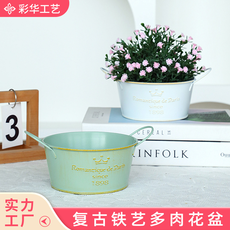 Cross-Border Pastoral Retro Old Flower Pot Iron Bucket Flower Bucket Succulent Plant Flower Vessel Crown Storage Bucket Green Plant Ornaments