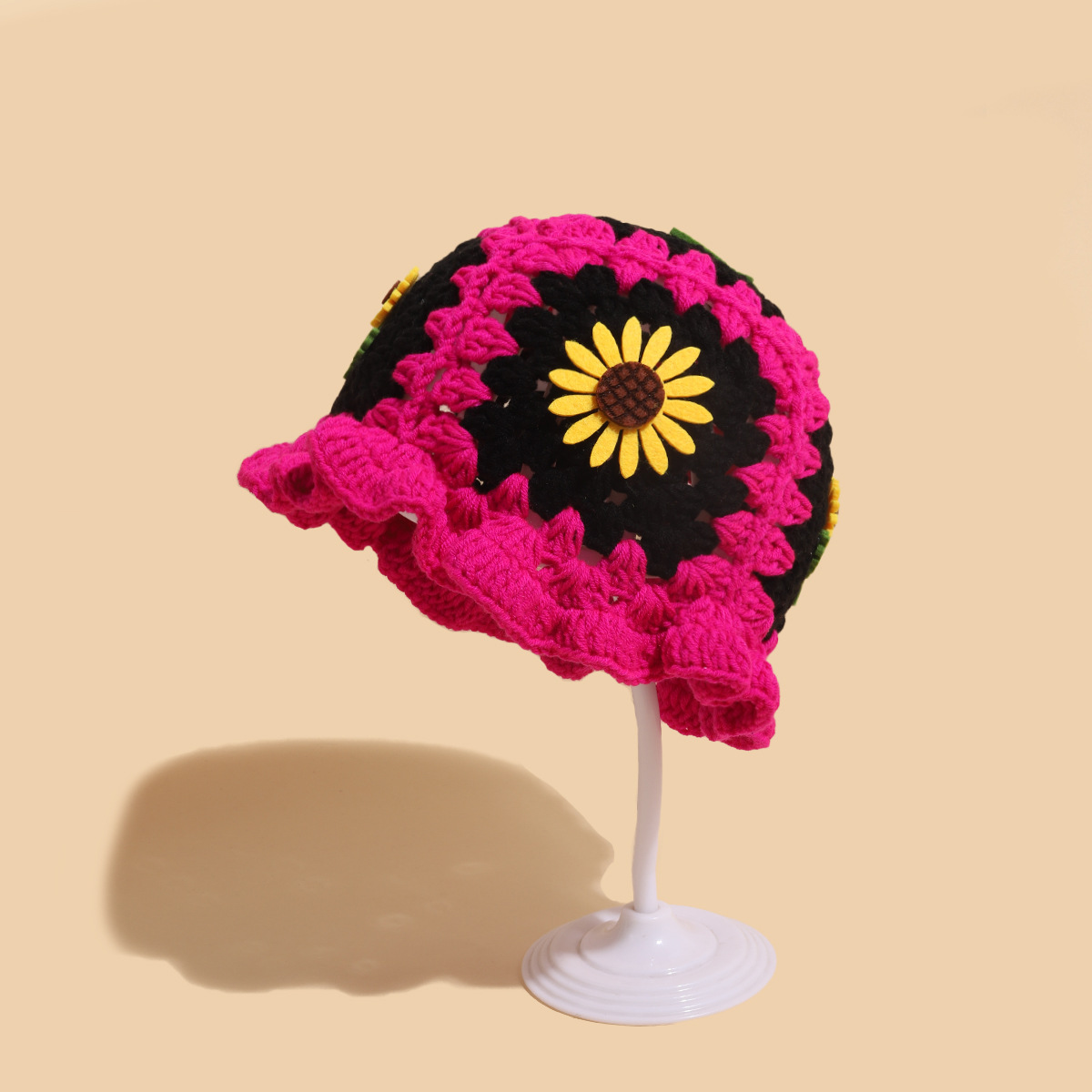 Cappello da pescatore con girasole tessuto a mano, autunno e inverno, carino cappello infantile con bordo a fungo, in lana all'uncinetto_voghion.com