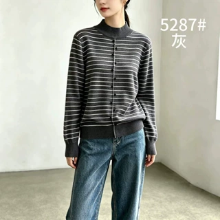 条纹拼接针织衫女长袖半高领新款春秋休闲百搭套头打底衫上衣5287