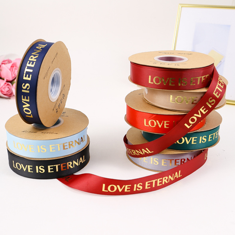 现货供应2.5cm烫金印刷字母丝带 花艺花束礼盒包装英文织带罗纹带