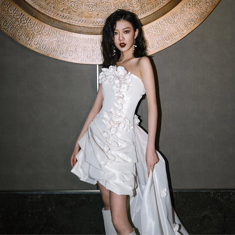 French Strapless Light Wedding Dress Bride's Niche Satin Gauze Short Small Trailing White Flower Birthday Dress