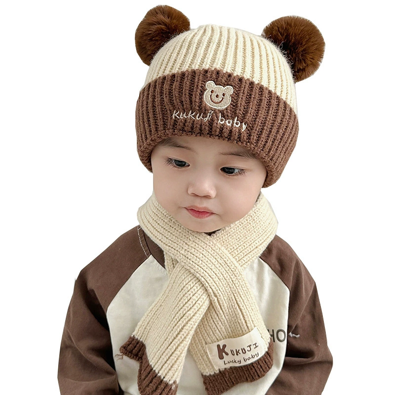 Children's Knit Hat & Scarf Set - Thick Demi-Season Warmth, Bear Patch, Cozy Knit, Color Options