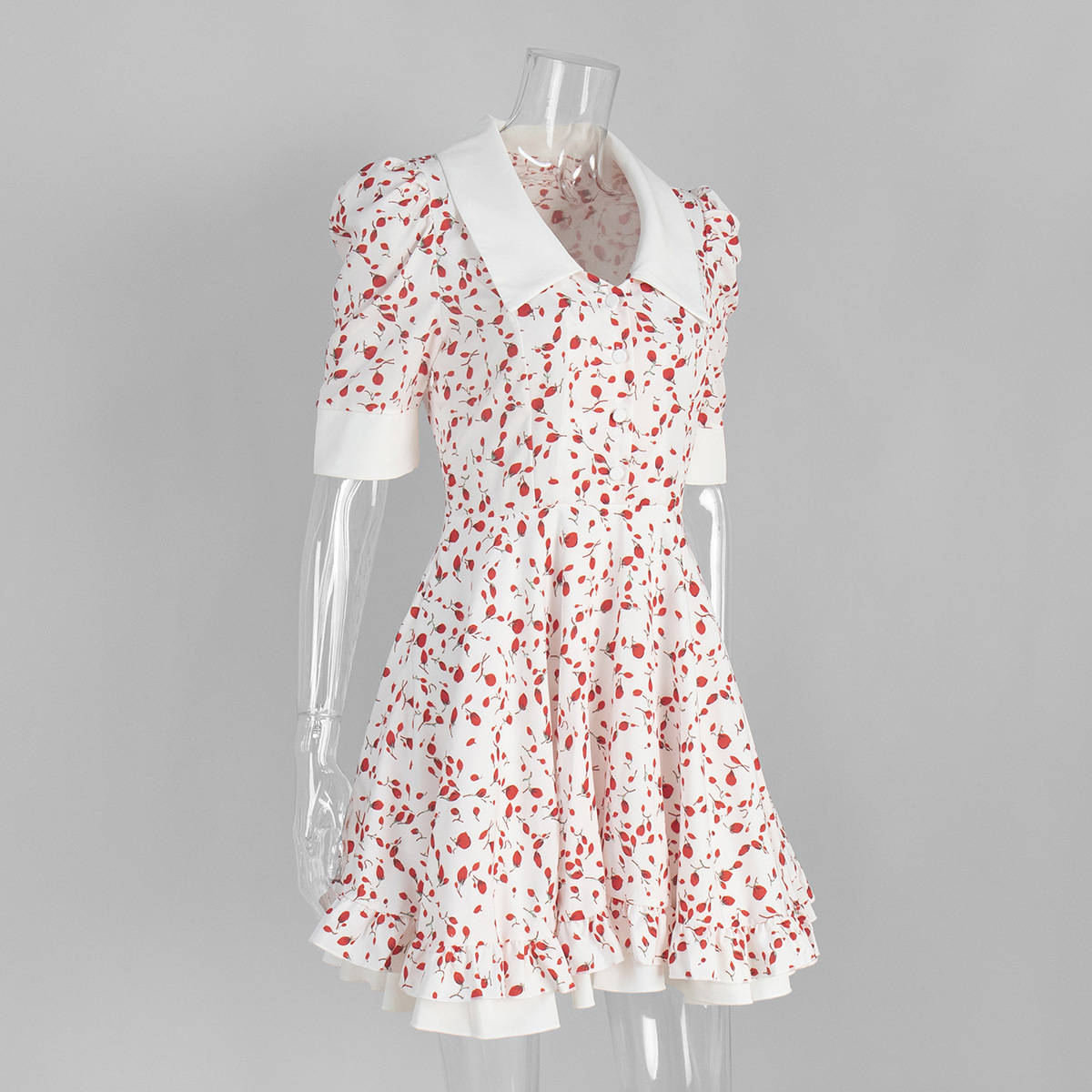 V-neck Printed Dress For Women, European And American Summer New Style, Bubble Sleeve Short Skirt_ecoleips.com
