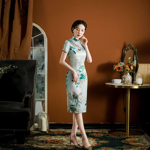 Chinese Dresses for women oriental green floral qipao dresses retro traditional cheongsam dress long