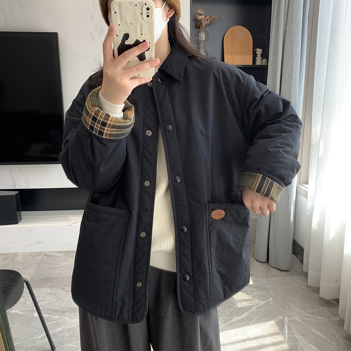気質のある襟付き中綿チェック柄コットンコート 2025秋冬新作 ゆったりミドル丈 韓国風コットンコート