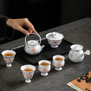 手工堆雕百合粉彩功夫茶具整套紫雾晕染提梁壶盖碗品茗杯泡茶套装