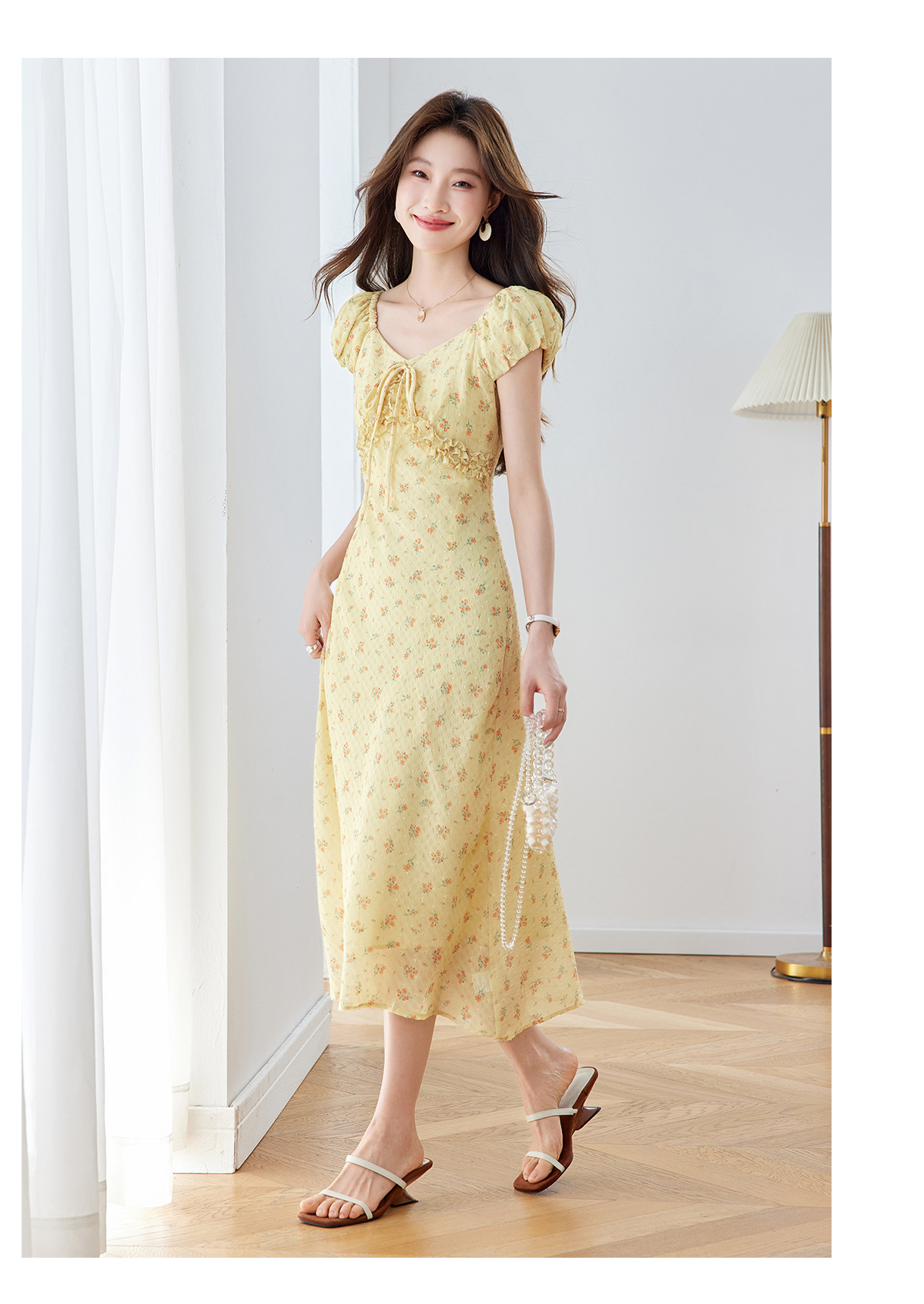 Đầm maxi nữ thắt eo cổ V họa tiết hoa nhí phong cách Pháp — màu vàng, màu đỏ chi tiết 14