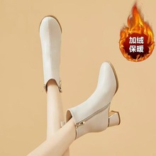 法式短筒皮单靴粗跟2025秋冬新款小短靴女软皮瘦瘦靴中高跟马丁靴