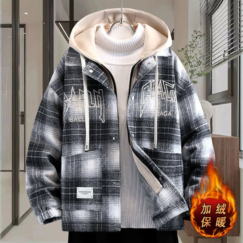 2024 осень-зима молодежная плюшевая клетчатая куртка мужского осеннего и зимнего нового старшеклассника поддельная свободная две части 1029