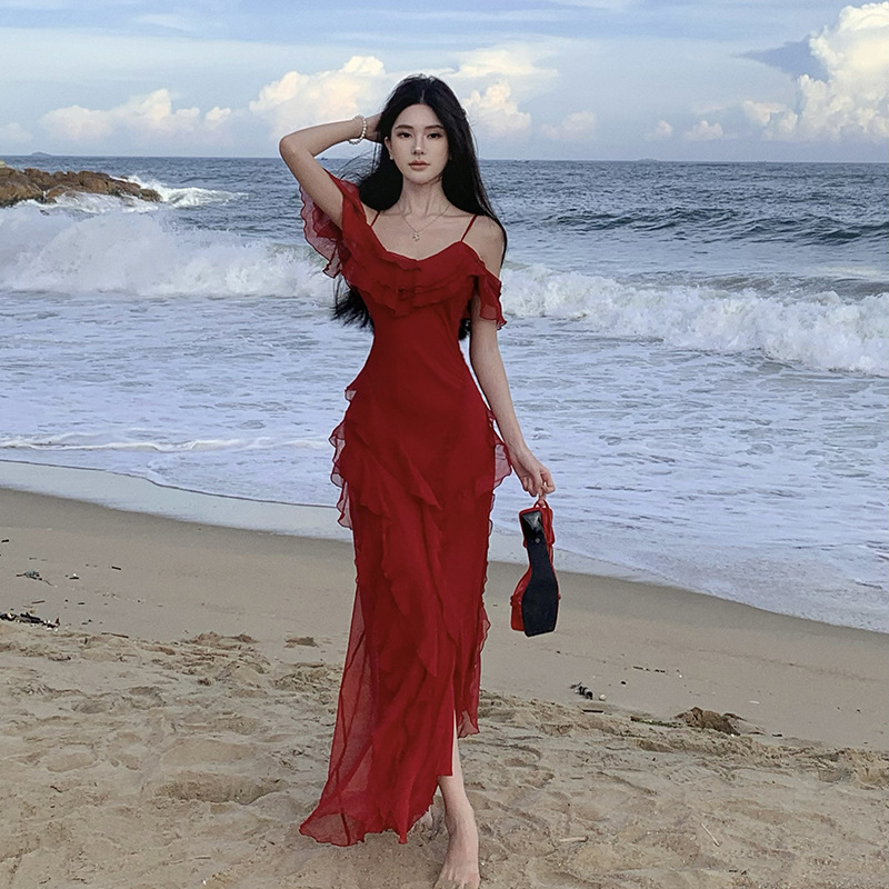 Summer New French Style Retro Red dress Shoulder Long Dress Ruffled Heavy Industry Slip Skirt Open Skirt