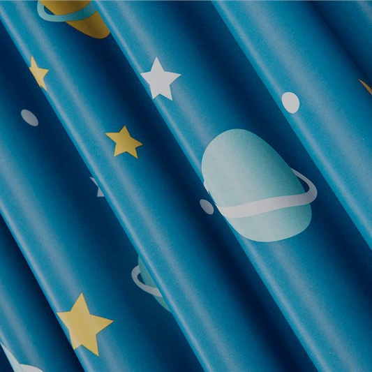 Curtain Fabric Blue Planet Print, Black-silk Blackout, Printed Per Meter for Living Room & Bedroom