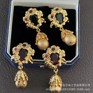 Vintage铜镀真金复古彩色锆石花朵耳环925银针高级感气质耳饰耳坠