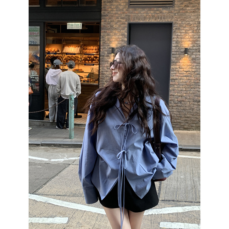 Tencel Lyocell Cotton Design Lapel Bow Tie Shirt Women's French Retro Top Spring Long Sleeve