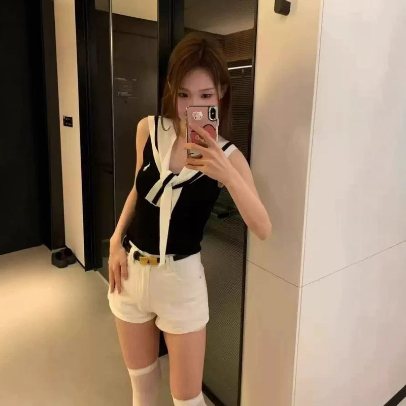 2025 Summer New Navy Collar Knitted Sleeveless Vest Women's Slim College Style Fake Two-Piece Sleeveless Top Trendy