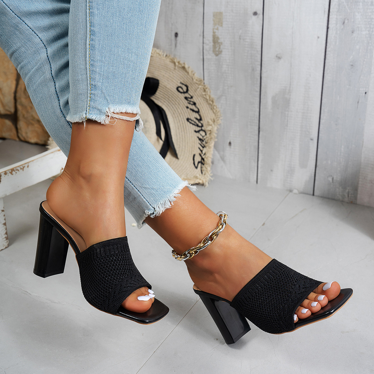 Women's Square Toe Flyknit High Heeled Sandals Breathable Chunky Heel European American Style Outdoor Wear plus Size Slippers_voghion.com
