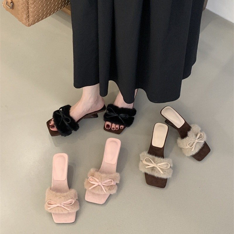 [Excluding tax] 2026 Autumn New Sandals High Heel Wedge Heel Bowknot Irregular Heel Fur Slippers Size 35-40