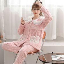 冬季睡衣女哺乳服孕妇法兰绒剪花加厚保暖月子服可外穿家居服套装