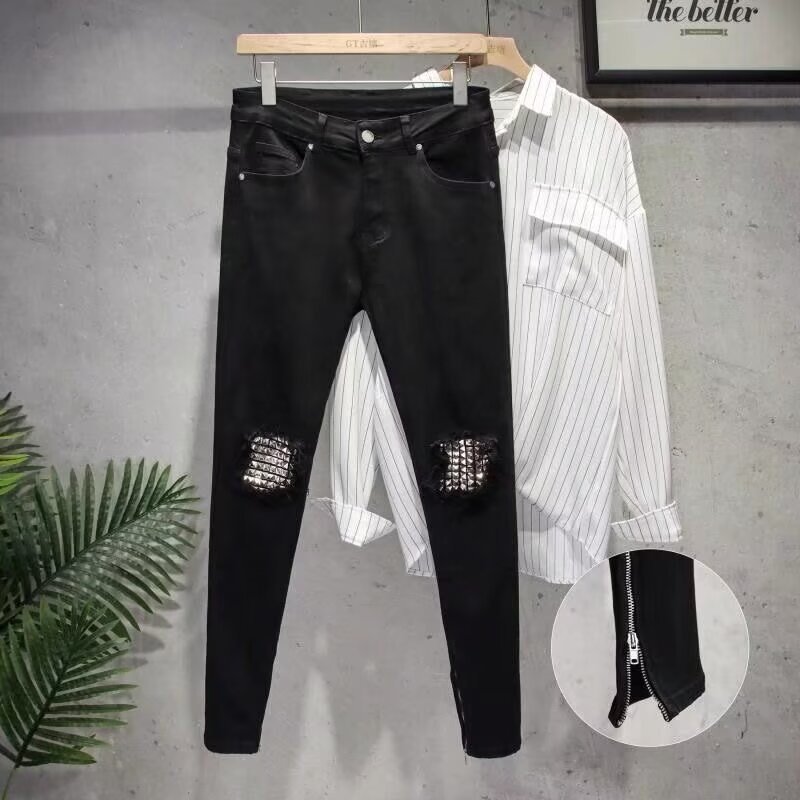 Men's Rivet Slim Fit Jeans Trendy Brand Black With Split Cuffs And Zipper Design Versatile Casual Stretch Skinny Long_viptrois.com