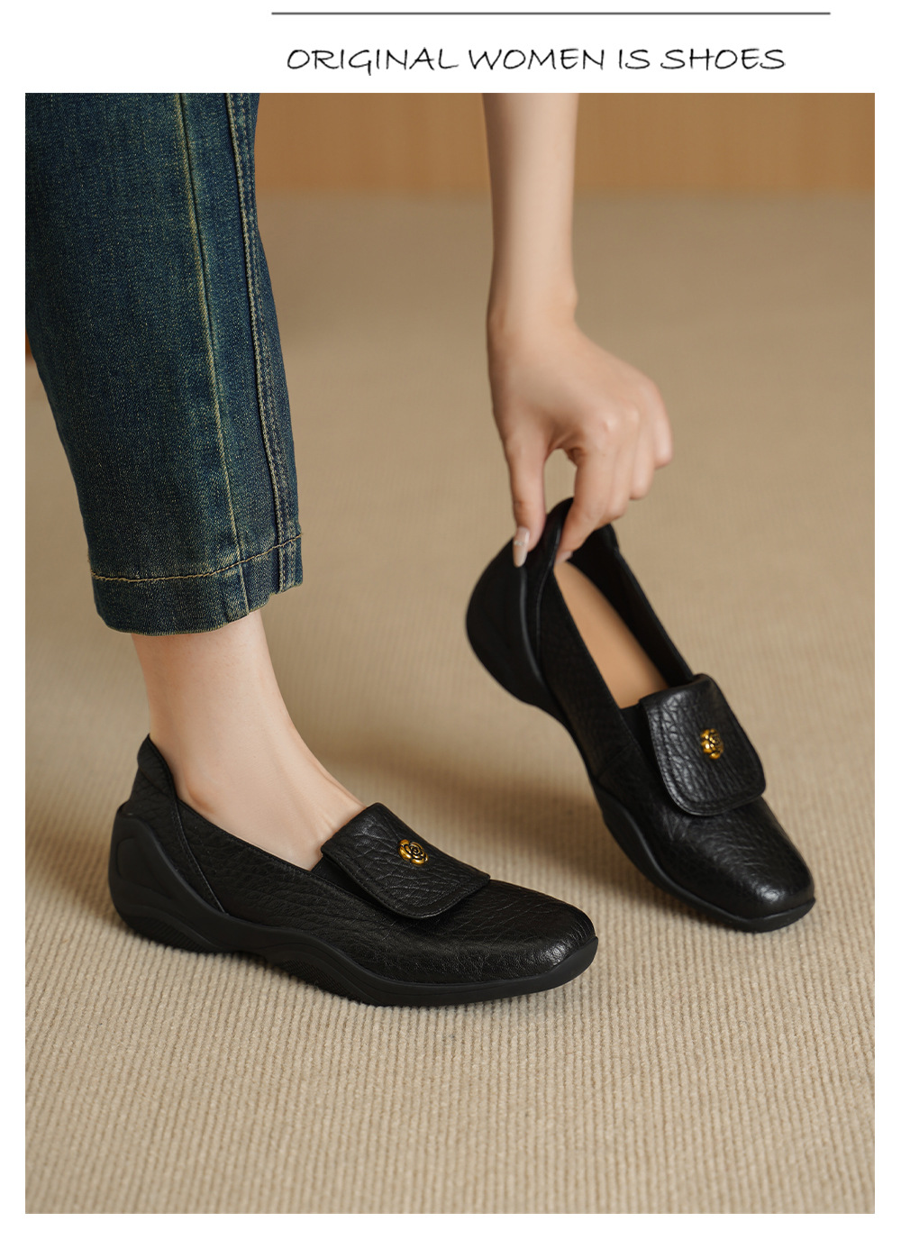 Giày loafer nữ da dê mũi tròn, gót thấp 3 cm, hoa nổi, phong cách cổ điển — màu nâu chi tiết 10