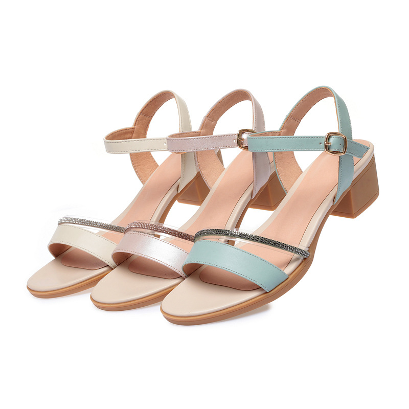 Sandal nữ hở mũi gót thấp da thật đế mềm chống trơn — màu be